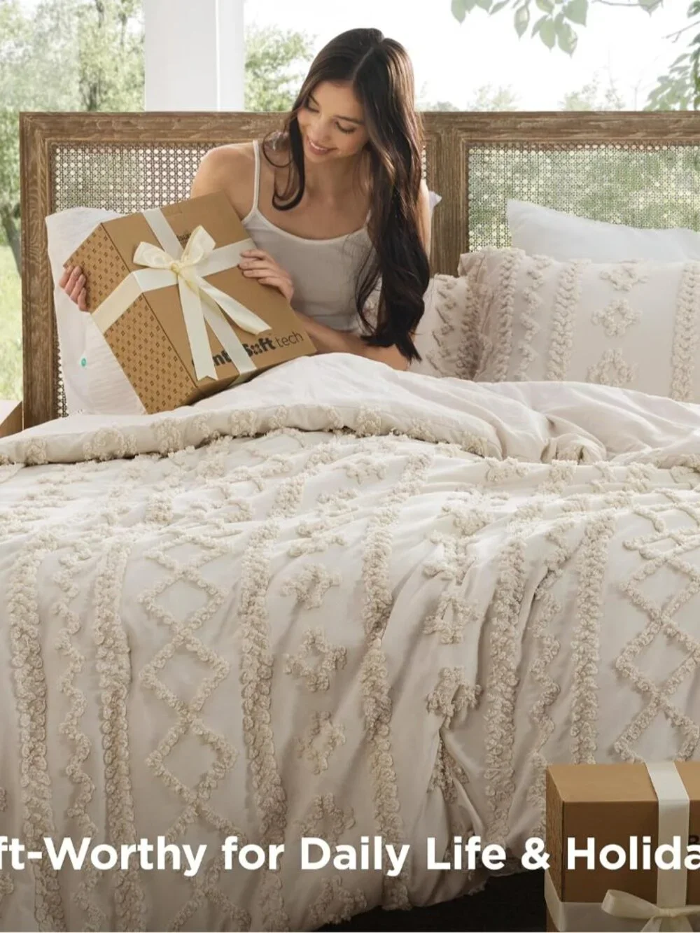 Tufted Boho Comforter Set Queen Size - Beige Boho Bed Set, GentleSoft 3 Pieces F